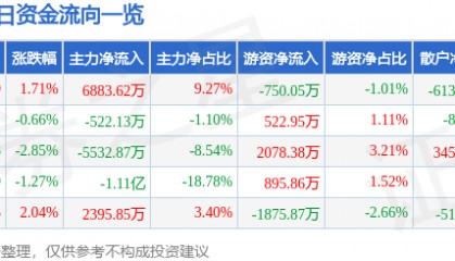 股票行情快报：浙大网新（600797）2月26日主力资金净买入6883.62万元