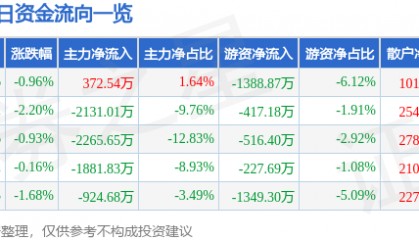 股票行情快报：海马汽车（000572）3月13日主力资金净买入372.54万元