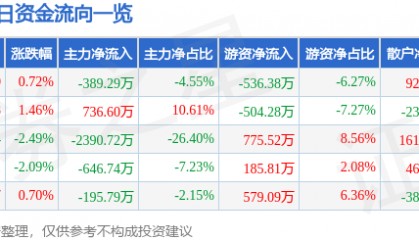 股票行情快报:康欣新材(600076)9月11日主力资金净卖出389.29万元