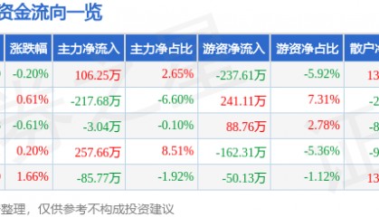 股票行情快报：乔治白（002687）8月11日主力资金净买入106.25万元