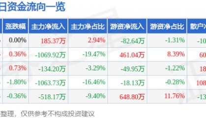股票行情快报：兴源环境（300266）8月7日主力资金净买入185.37万元