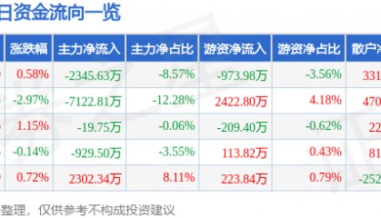 股票行情快报：海马汽车（000572）2月27日主力资金净卖出2345.63万元