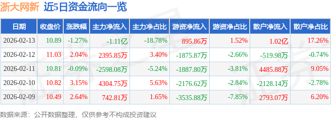 股票行情快报：浙大网新（600797）2月13日主力资金净卖出1.11亿元